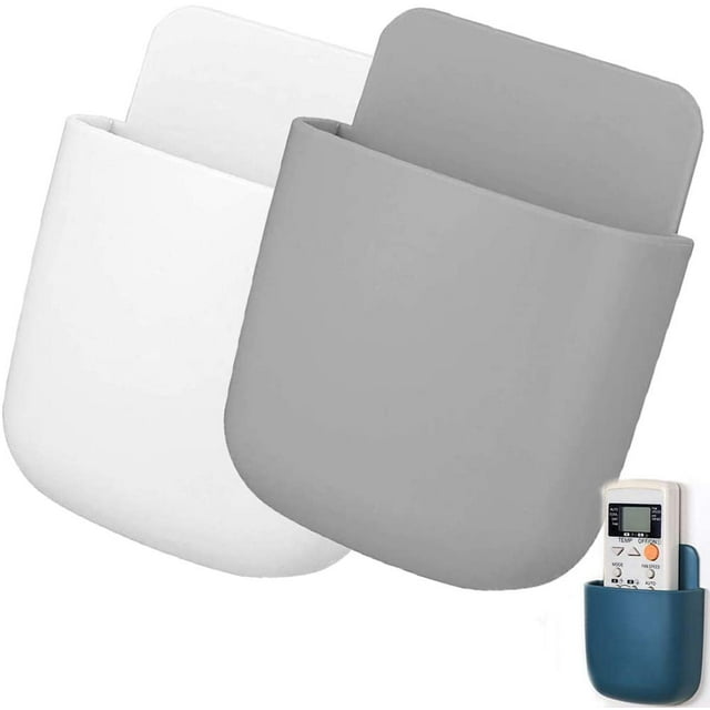 TORUBIA Adren Remote Control Holder Wall Mount Media Storage Box, Hole-Free Self Adhesive Storage Box Pen Holder Organizer Adhesive, for Bedside Table Phone Office (White, Gray)