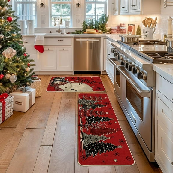 Upgraded 2 Pcs Christmas Kitchen Rugs And Mats For Floor Non Slide Backing Mat Merry Christmas Kitchen Decor Kitchen Rug Sets Xmas Decor 16x24in 16x48in M