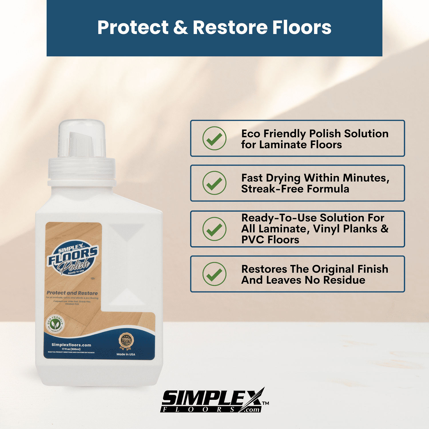 Simplex Floors Floor Refresher | Laminate, Luxury Vinyl Planks & PVC Flooring | Made in the USA | 17 fl.oz