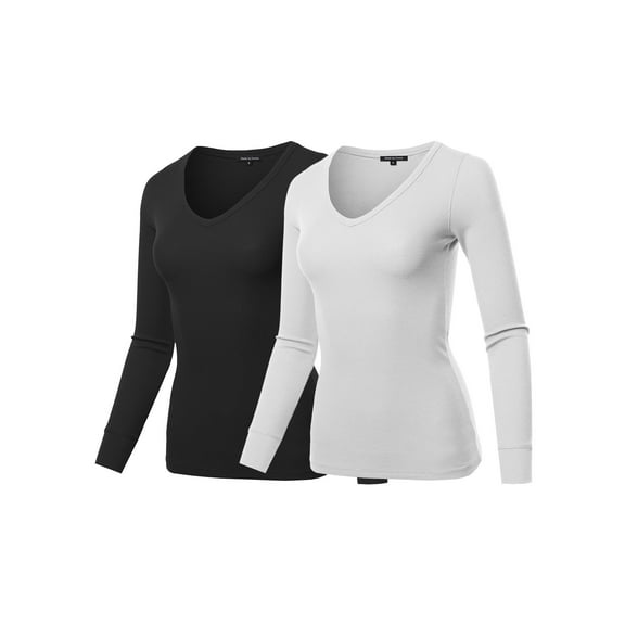 FashionOutfit Women's Basic Casual Solid Long Sleeve V-neck Thermal Tops