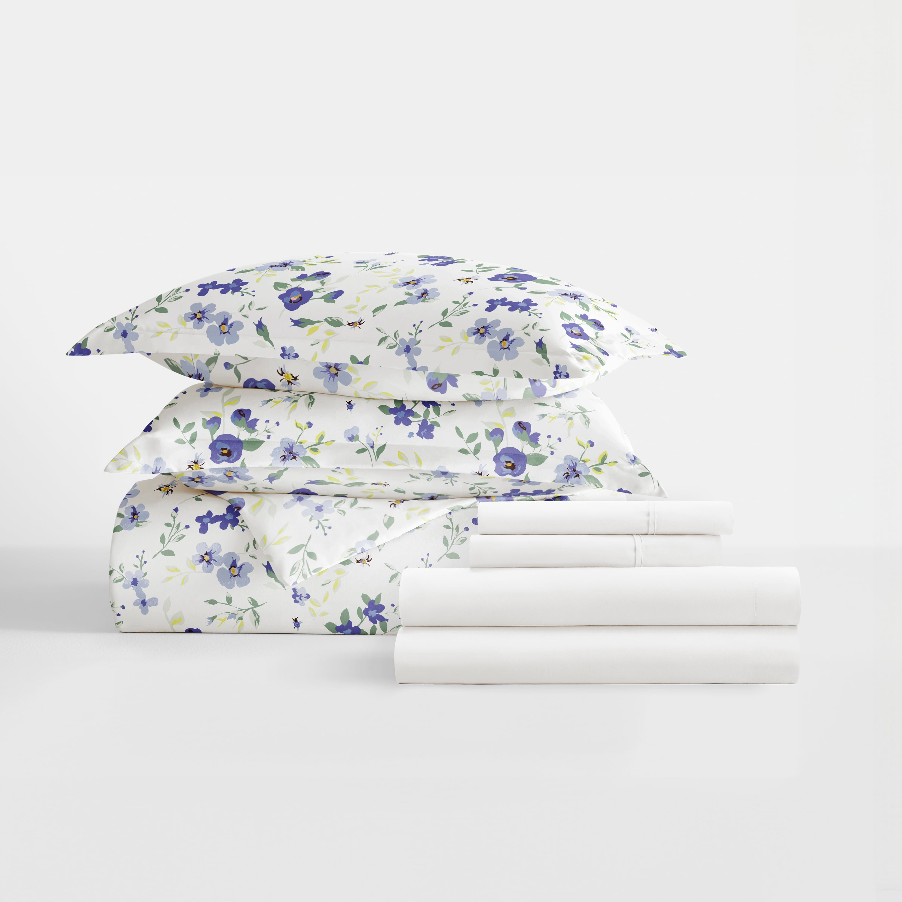 8PC Bedding Bundle - Patterned Duvet Cover Set White Comforter and Solid Sheet Set in Blossoms