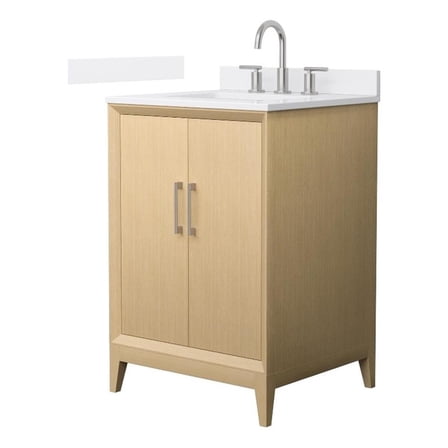 Wyndham Collection WCH757524SHOWQUS3MXX 24 in. Janna Single Bathroom Vanity in White Oak, White Quartz Countertop - Undermount Square Sink 3-Hole - Brushed Nickel Trim