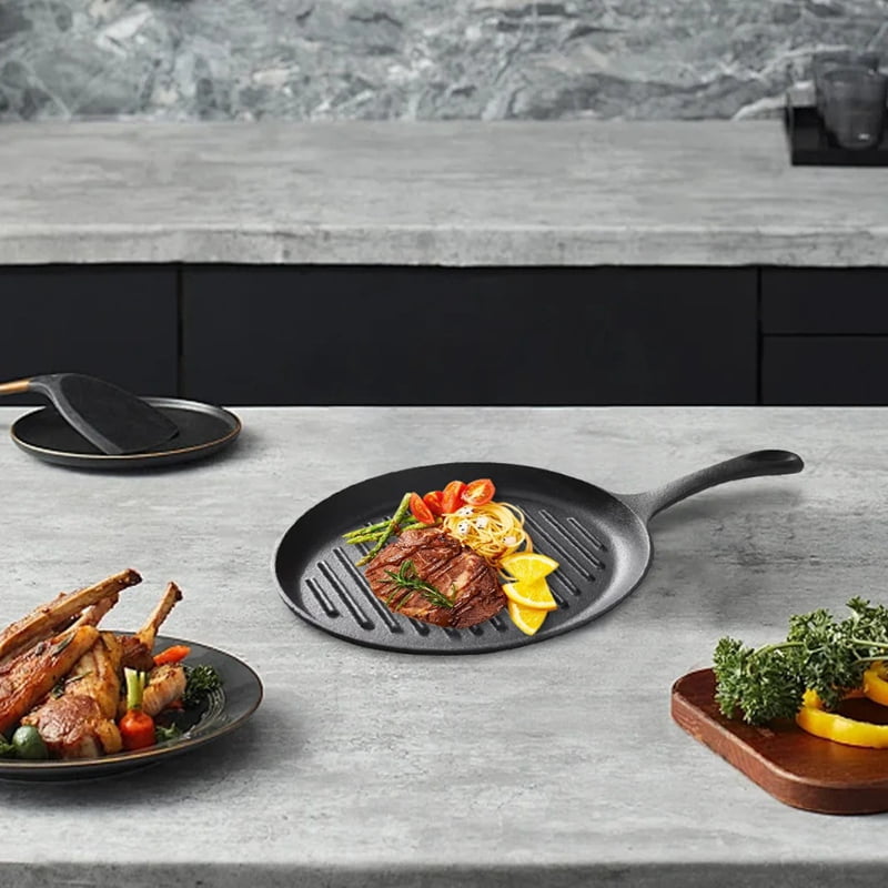 Cast Iron Grill Pan Non-Stick Frying Pan with Handle Grill Plate No Chemical Coating Gas and Induction Friendly
