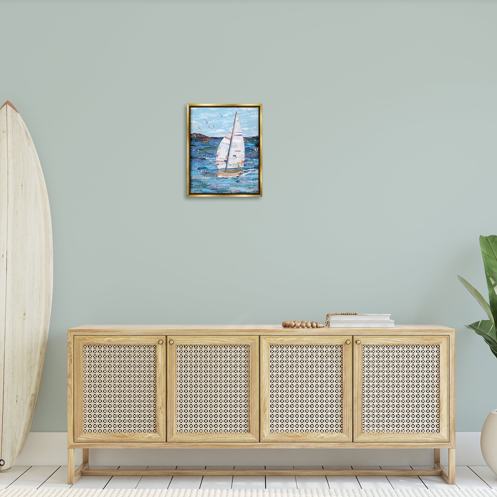 Stupell Industries Collaged Sailboat Scene Transportation Painting Gold Floater Framed Canvas Art Print Wall Art, 17 x 21