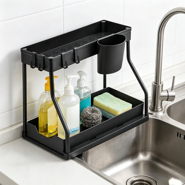 Organizador bajo el fregadero con cajones deslizantes – Estante de almacenamiento de 2 niveles para baño, cocina, oficina o lavadero – Plástico duradero con bordes elevados y estructura en forma de H