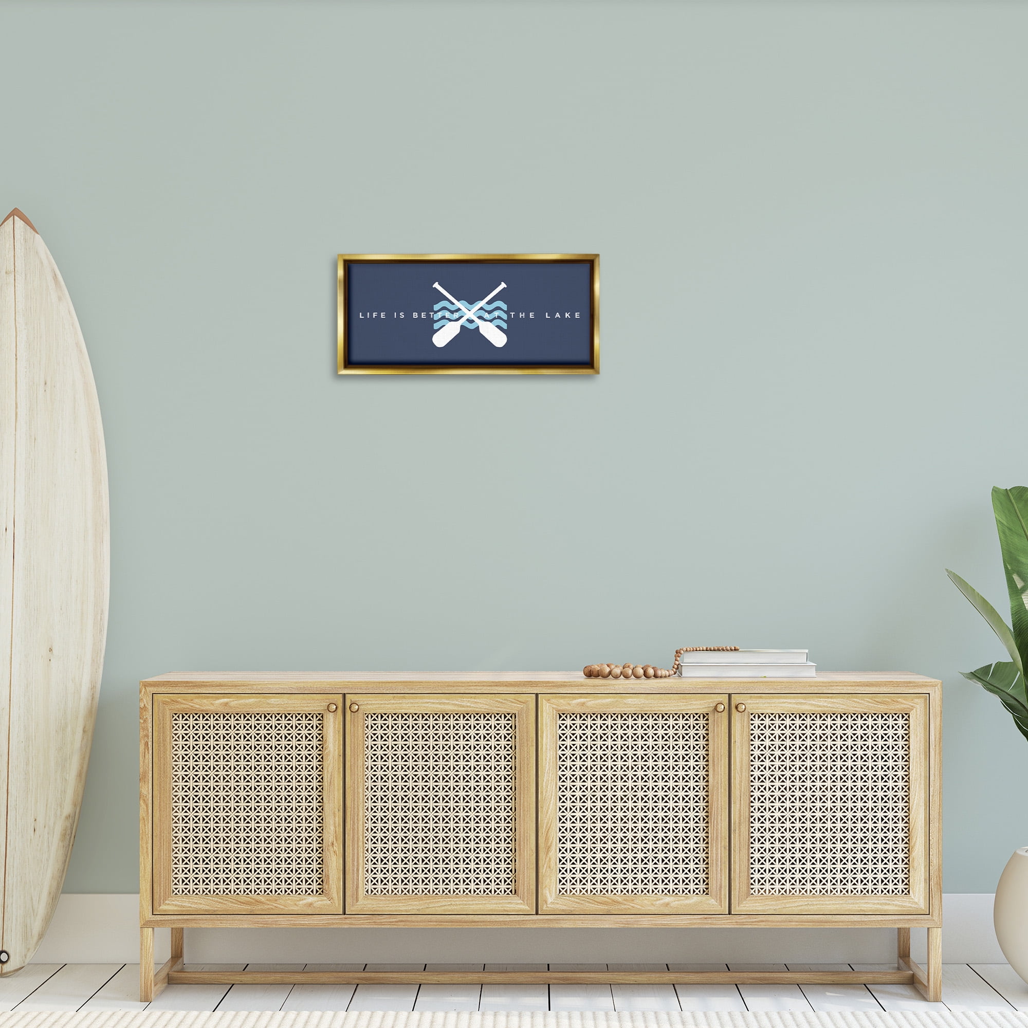 Stupell Industries Better At Lake with Crossed Oars Transportation Painting Gold Floater Framed Canvas Art Print Wall Art, 25 x 11