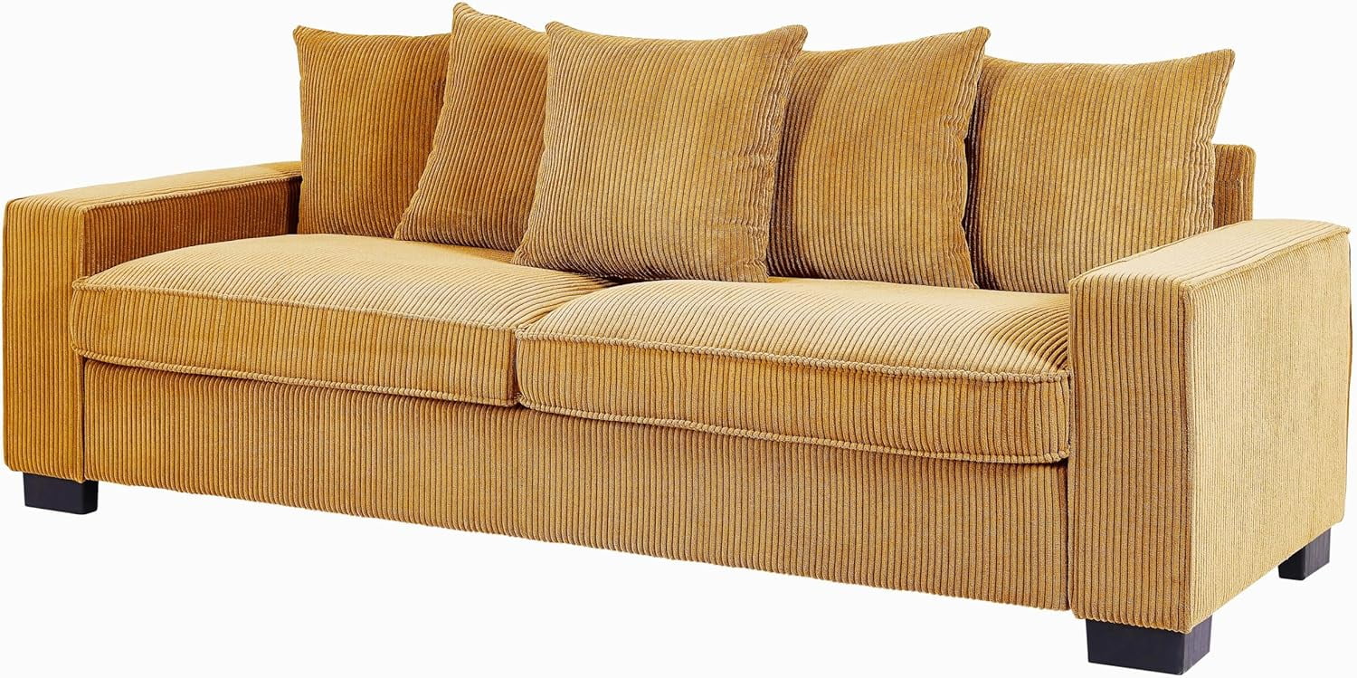 US Pride Furniture Luxe Corduroy Sofa with 5 Matching Toss Pillows, Sleek Design, Spacious and Comfortable 3 Seater Couch for Modern Living Room,Yellow