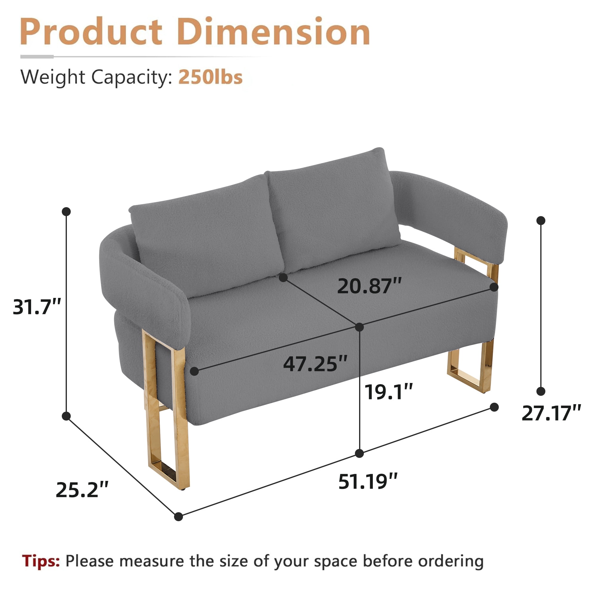51" Small Sofa Couch Comfy Modern Teddy Upholstered 2-Seater Love Seats for Apartment,Bedroom,Office,Grey