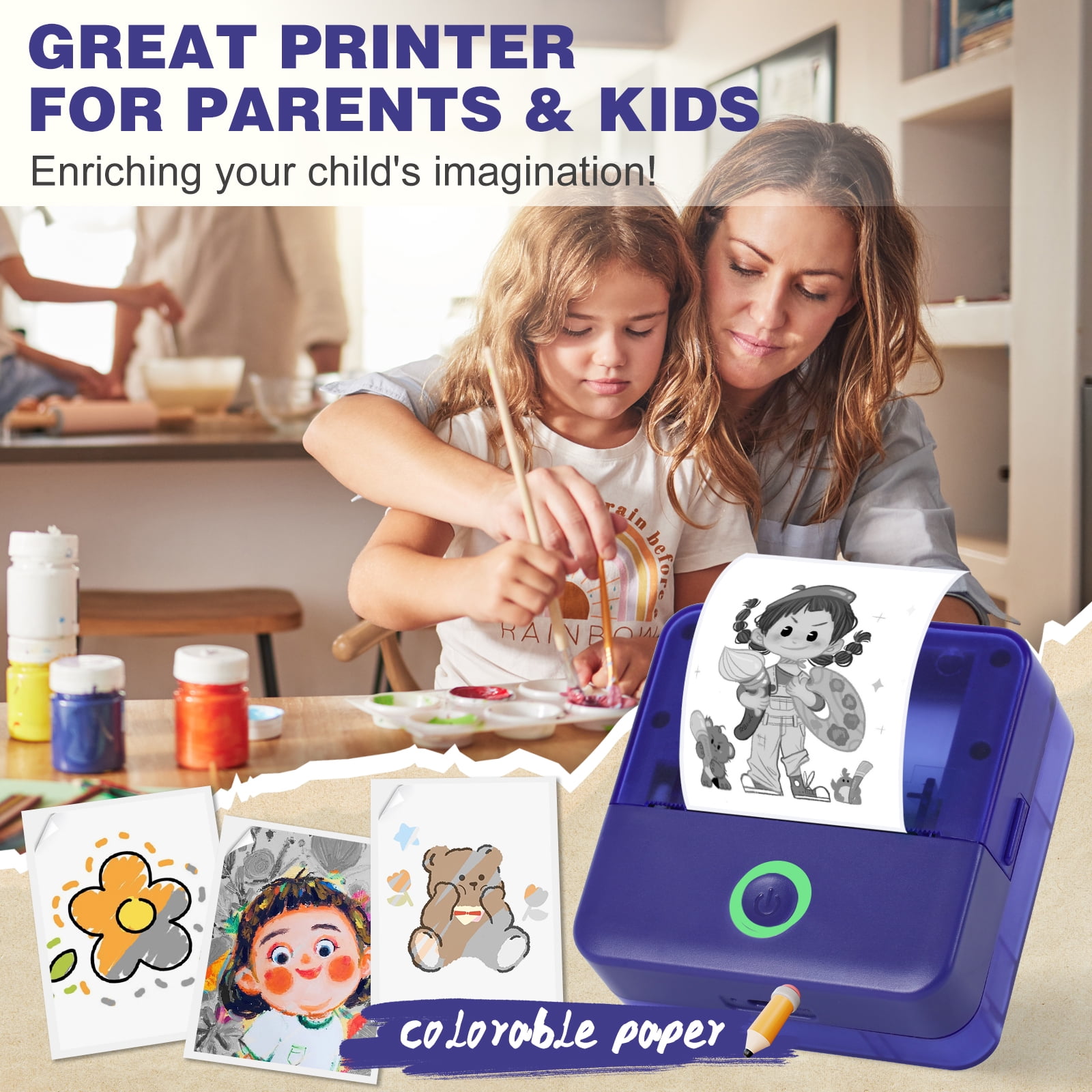 SLOK Print Pods Mini Printer with 10 Rolls Printing Paper, Thermal Inkless Sticker Maker for Notes and DIY, Compatible with iOS & Android, Purple