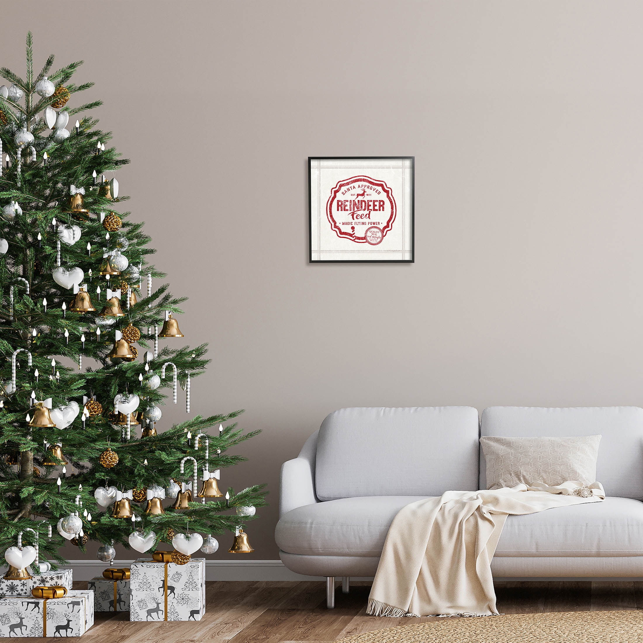 Vintage Christmas Reindeer Feed Holiday Graphic Art Black Framed Art Print Wall Art