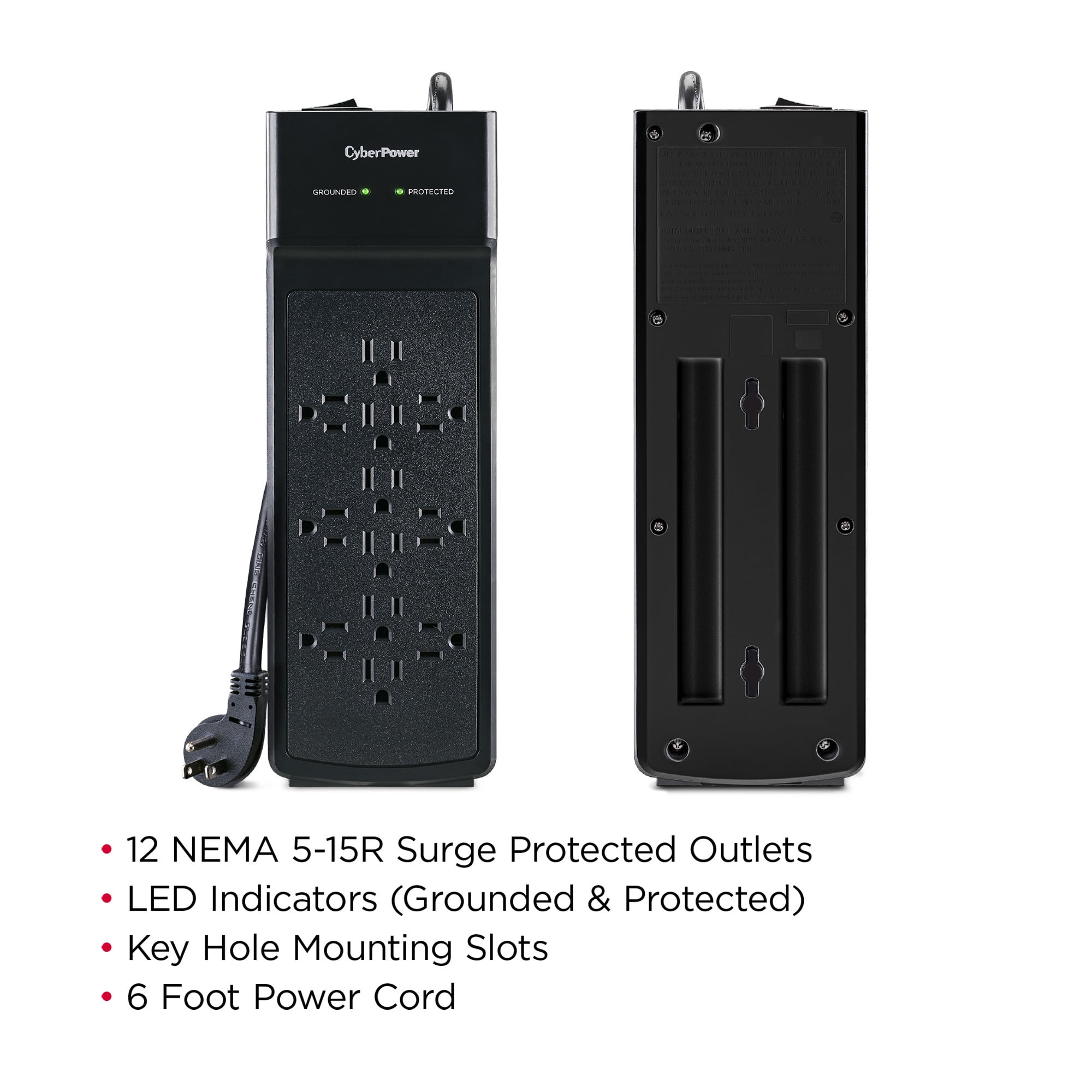 CyberPower B1206 3000 Joule Surge Protector Power Strip 12 Outlets 6ft Extension Cord, Black