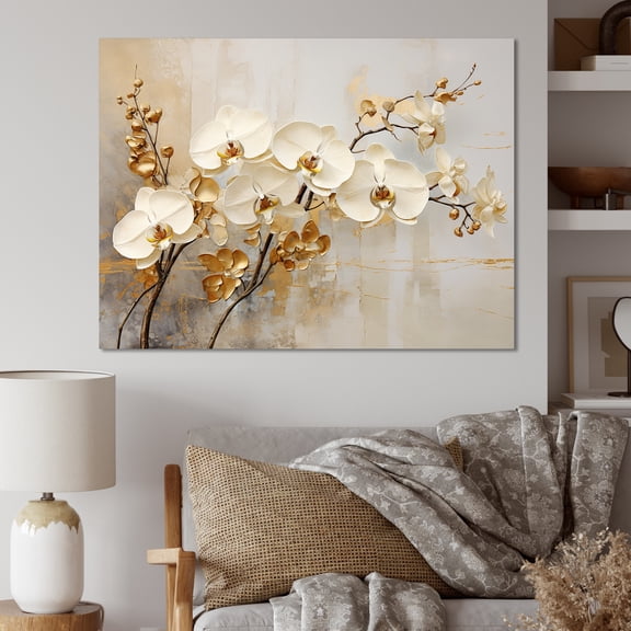 Designart "Minimalist Beige And Gold Orchids" Orchids Wall Decor