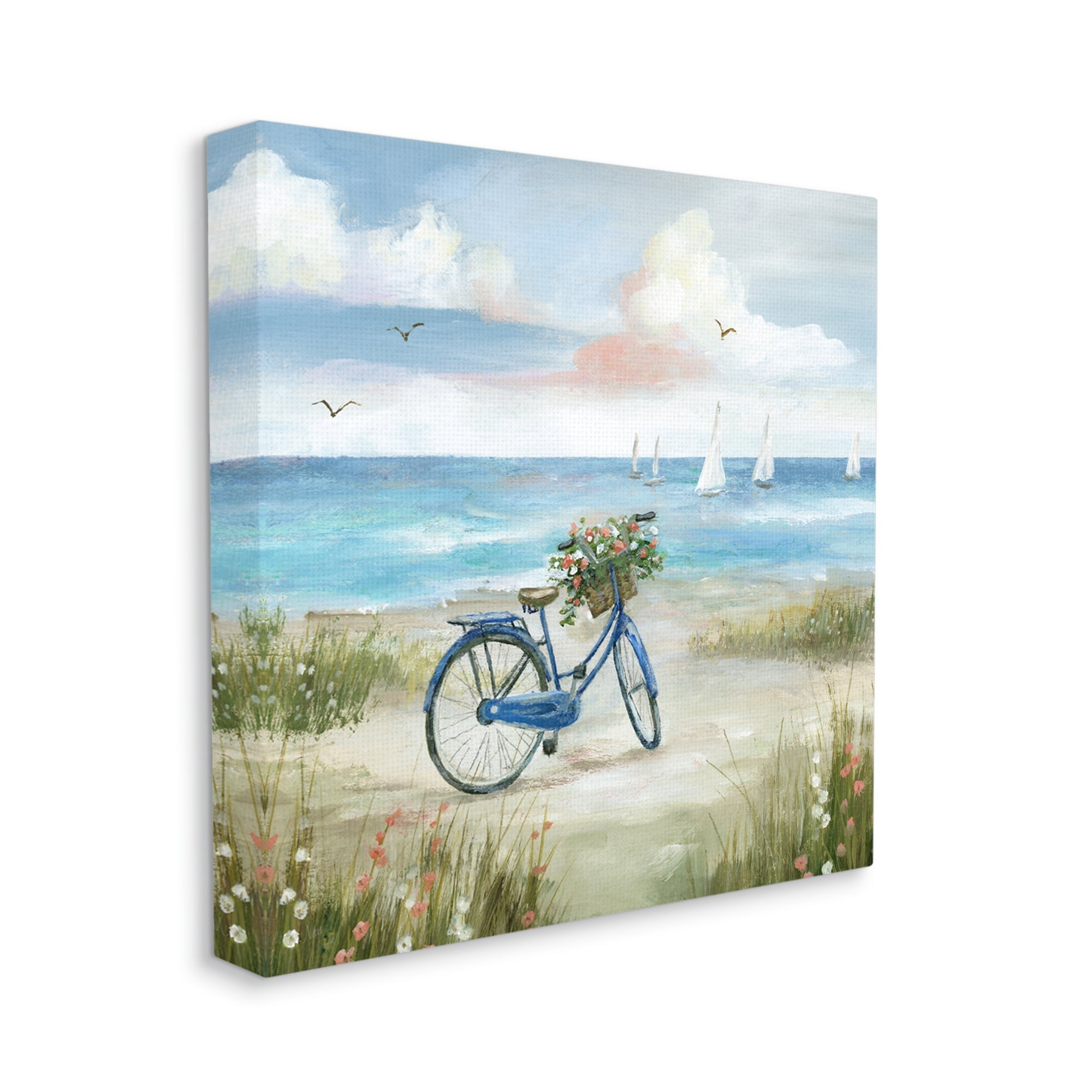Stupell Industries Peaceful Bicycle Flower Basket Scenic Ocean Sailboats Painting Gallery Wrapped Canvas Print Wall Art, Design by Nan