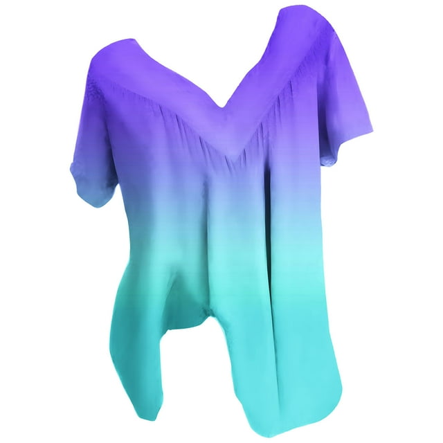 Qtocio Womens Plus Size Blouses Gradient Color Print V Neck Short Sleeve Shirt Loose Summer Casual Soft Comfortable Top Daily