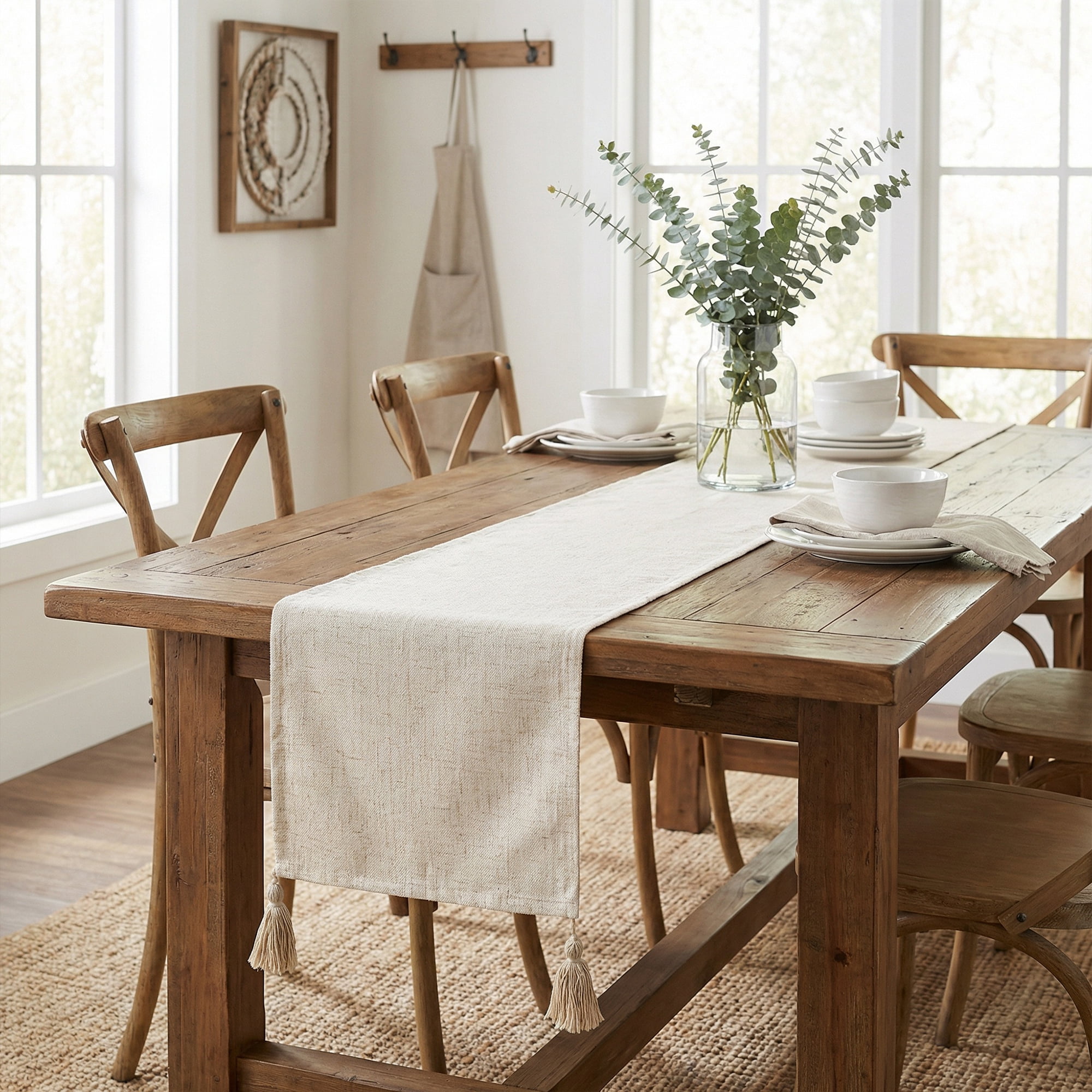 Unique Bargains Table Runner for Kitchen Decor with Tassel White 11.8x78.7in
