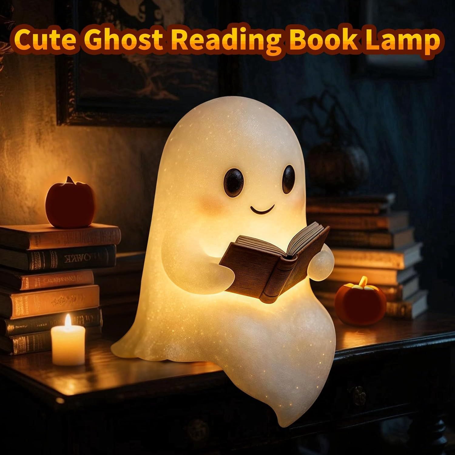 Christmas Ghost Reading Book Lamp, Cute Ghost Figurine Statue, Christmas Decoration for Gift Props Tabletop Bookshelf Home Decor