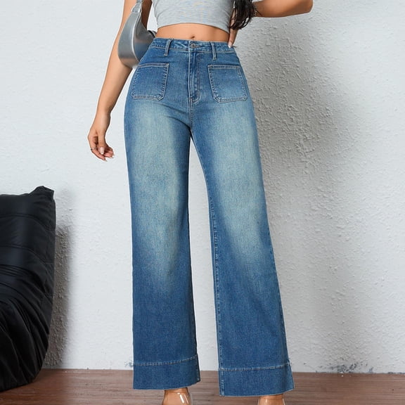 LEBONYARD Business Casual Pants for Women,Women's Fashion Solid Color High Waisted Stretchy Jeans Straight Leg High Waist Pocket Full Length Pants Blue S