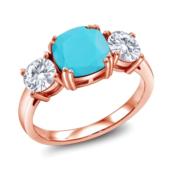 Gem Stone King 18K Rose Gold Plated Silver Green Turquoise and White Moissanite 3 Stone Engagement Ring for Women (3.00 Cttw, Gemstone, Cushion 8MM, Size 5)