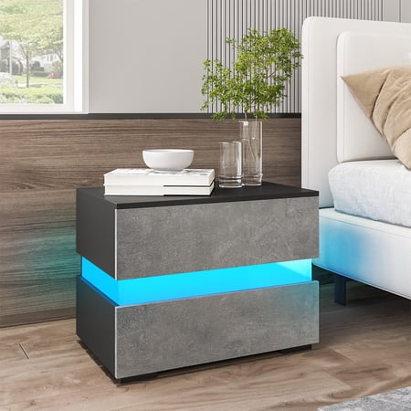 Hommpa LED Nightstand 2 Drawers Bedside Table Texture Gray for Bedroom Home Furniture