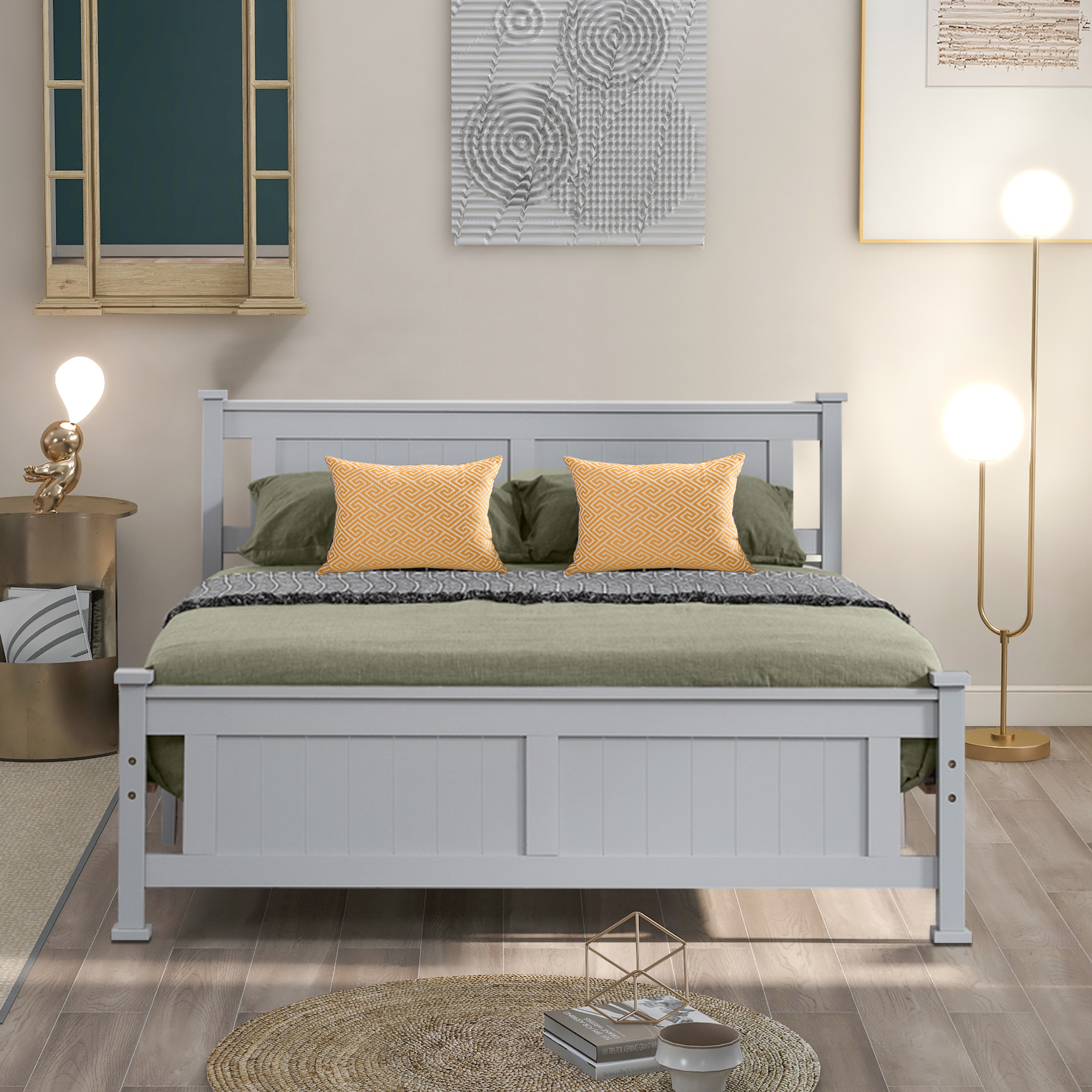 Full Bed frame, Solid Wood Platform Bed Frame with Headboard and