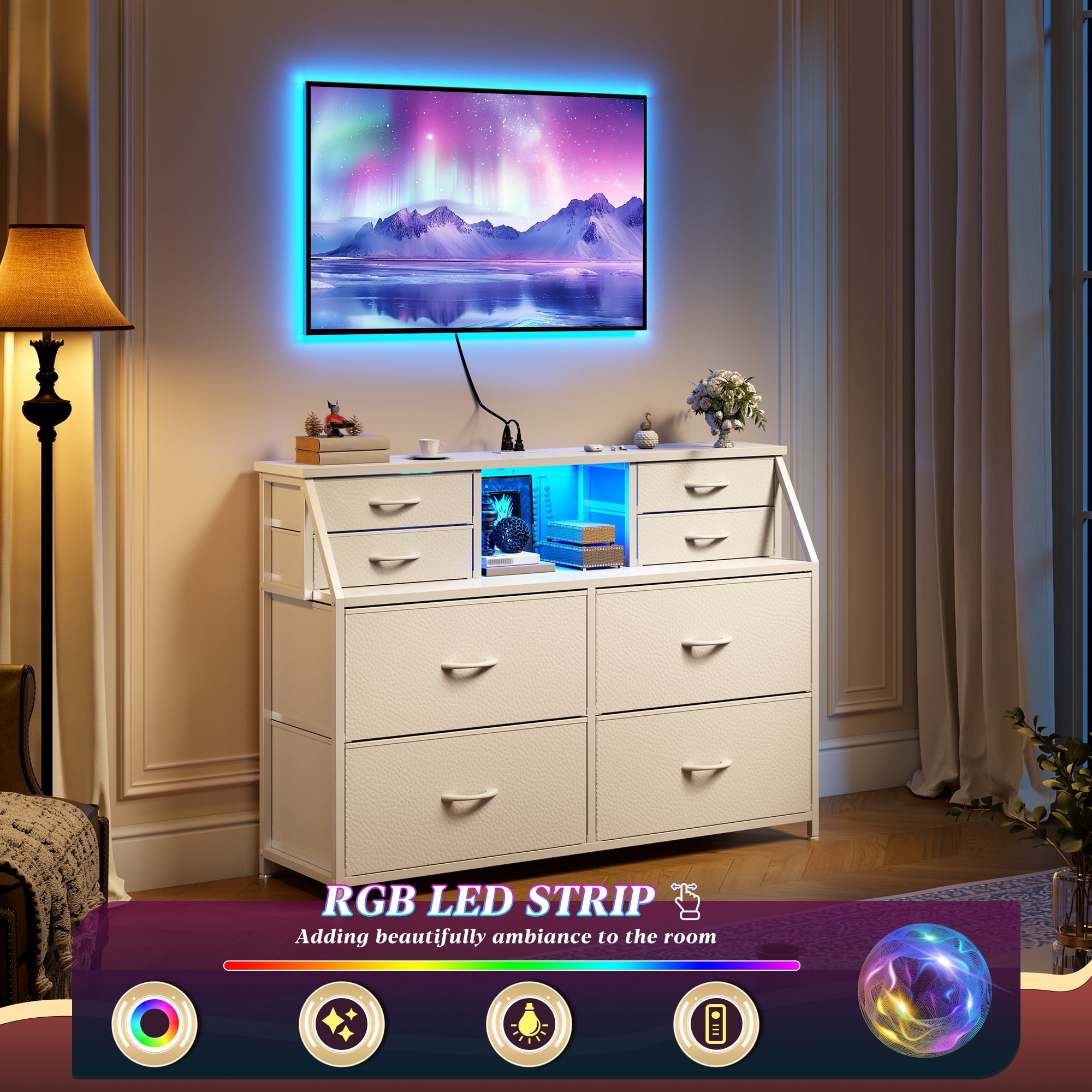Romorgniz Dresser for Bedroom with 8 Fabric Drawers White Dresser with LED Lights & Charging Station & Open Shelf for Living Room and Entryway
