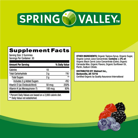 Spring Valley K2 + D3 Vegetarian Gummy Supplement for Bone and Immune Health, 60 Count