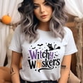 thumbnail image 3 of Witchy Whiskers Halloween Cat T-Shirt for Adults, Cute Flying Broom Kitty Tee, Heliconia, Size M, 3 of 6