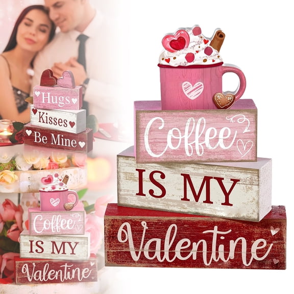 Desktop Ornaments,Valentine's Day Table Decor Wooden Cocoa Decoration Centerpiece Heart Tray Decor Love Block Signs Farmhouse Decoration For Valentine's Day Home Kitchen