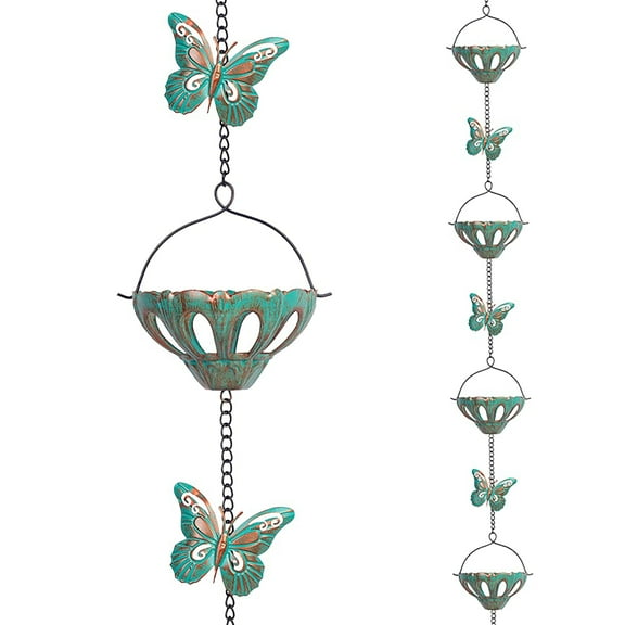 12 ft Outdoor Rain Chain, Metal Rain Chain with Butterfly Decoration, Adjustable Rainwater Collection Chain with Bell for Eaves Drainage