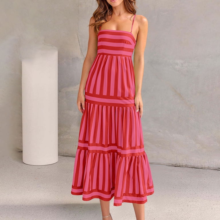 Ruffle Tiered Long Dress for Women Summer Trendy Striped Adjustable  Spaghetti Strap Flowy Beach Midi Dresses (L, Red) - Walmart.com