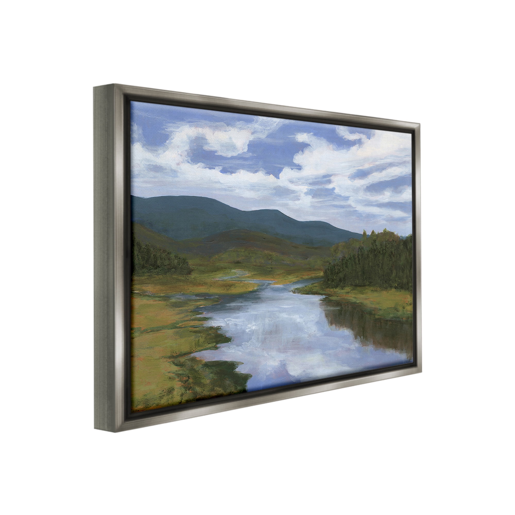 Stupell Industries Cloudy River Landscape Landscape Painting Gray Floater Framed Canvas Art Print Wall Art, 21 x 17