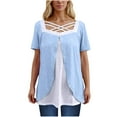 thumbnail image 2 of Stylish Olyvenn Womens Plus Size Tops Summer Dressy Hollow Out Boat Neck Short Sleeves Lightweight T-Shirt Color Blocked Patchwork Tee Sky Blue S, 2 of 6