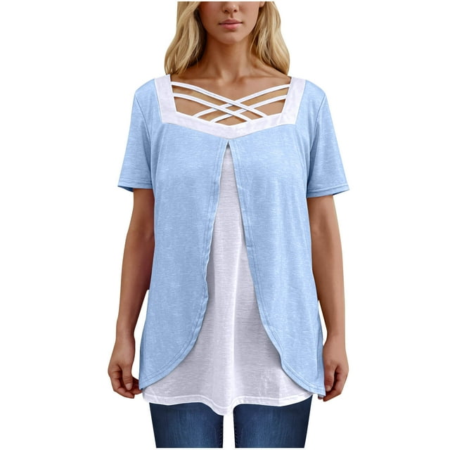 Timegard Hauts d'Été pour Femmes Grande Taille Col Carré Croisé Manches Courtes Décontracté Confortable Blouse