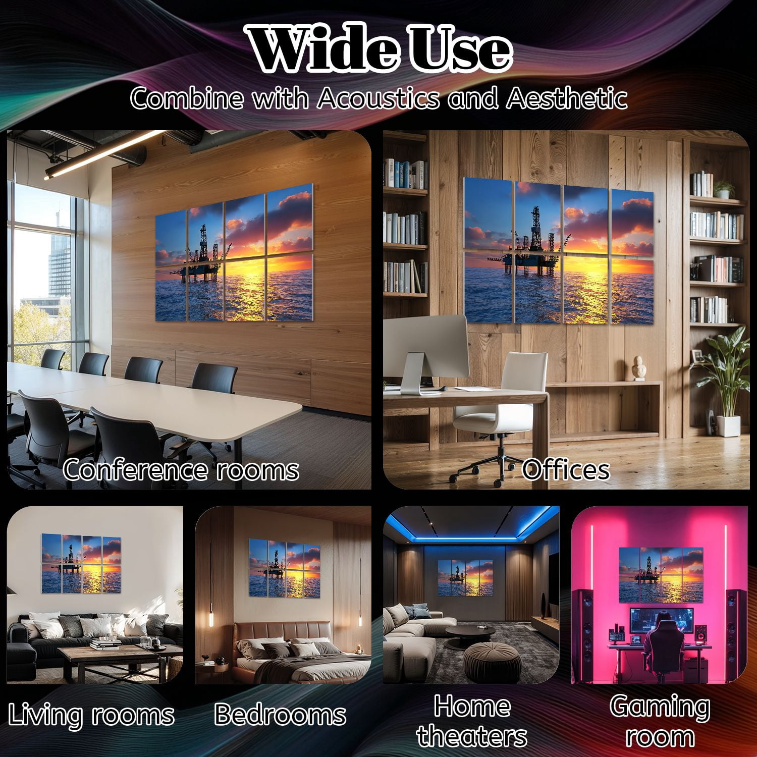 8 Pack Art Acoustic Panels Sound Absorbing Oil platform sea Decorative Soundproof Wall Panels Self Adhesive for Nursery Game Room Bedroom 48"x32"