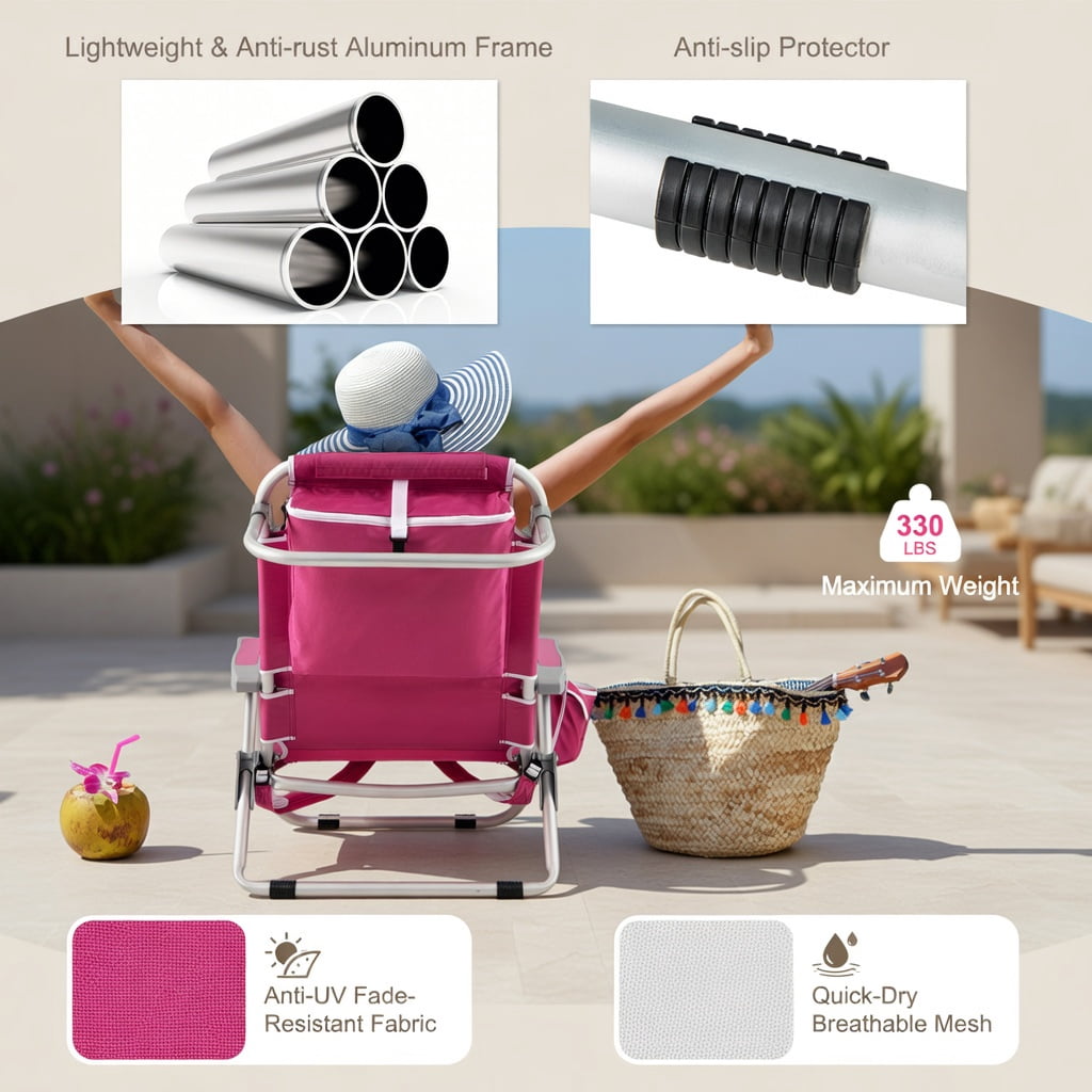 Hommoo Foldable Beach Chair with Cup Holder & Storage Pockets, Lightweight Aluminum Outdoor Chair for Beach, Pool & Lawn, Pink