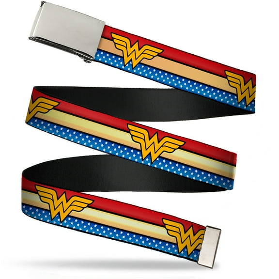 Adjustable Belt, Clamp Buckle, Cut-to-Fit, Wonder Woman Logo Stripe Stars Red Gold Blue White