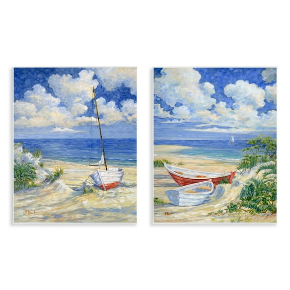 Stupell Industries Row Boat on Sandy Beach Nautical & Beach Painting Unframed Art Print Wall Art, 11 x 14, Set of 2