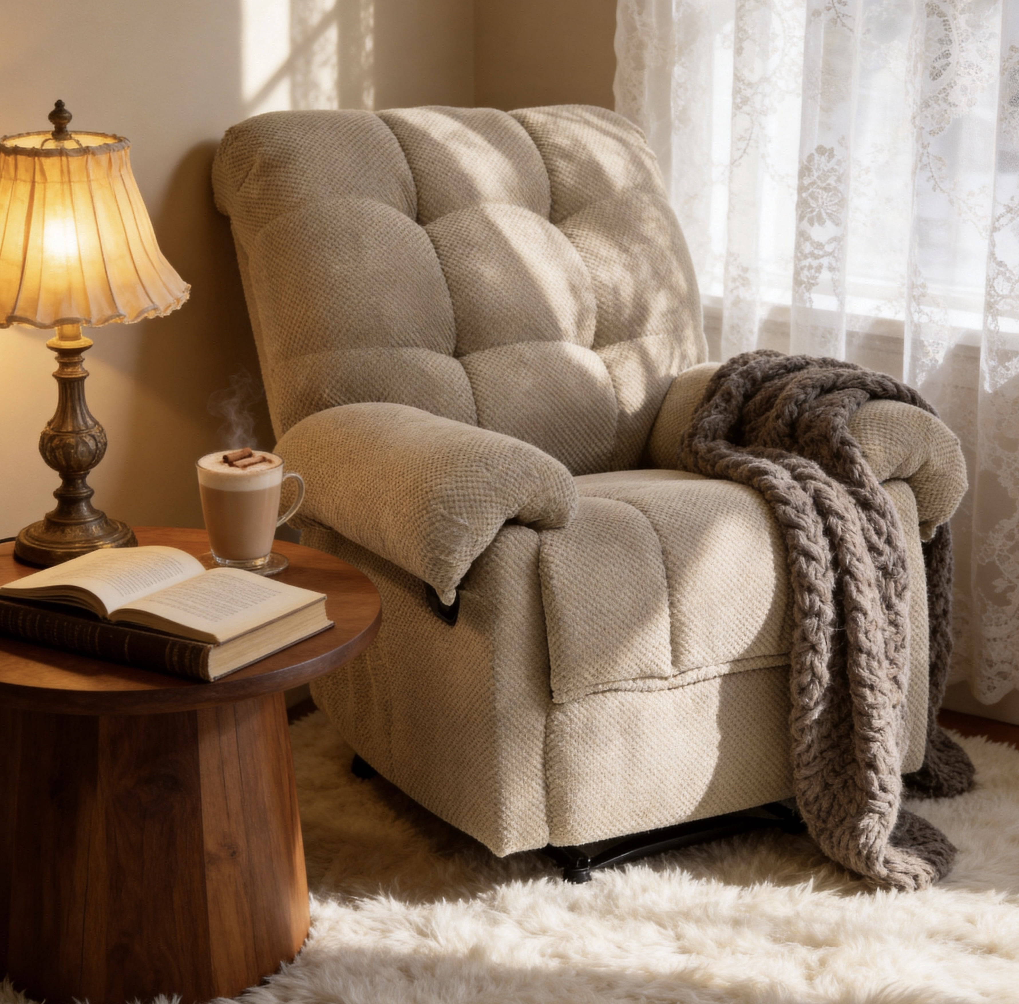 Overstuffed Recliner Chair with Manual Push-Back Recline, Plush Padded Armchair with Footrest, Ergonomic Lounge Chair for Living Room, Home Theater, Camel