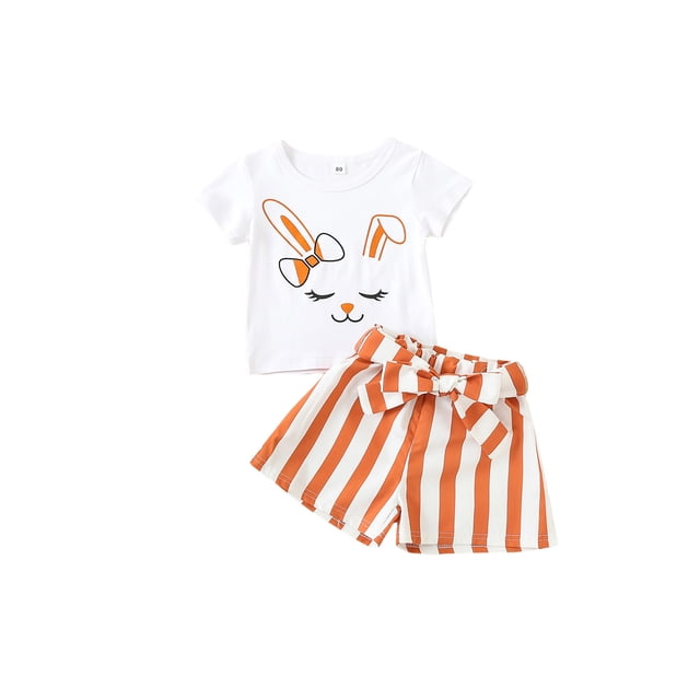 Faithtur Kids Summer Clothes Cartoon Rabbit Print Tops and Shorts with Bow Belt