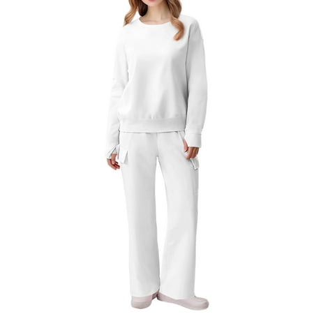 WTOBBY Women s 2 Piece Casual Round Neck Sportswear Set with Multi-Pocket Wide Leg Athletic Pants Loose Fit Tracksuit Outfit for Women White L
