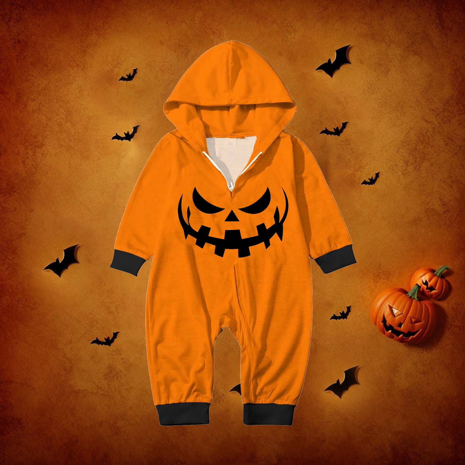 FEIFLY Halloween Printed Hooded Zipper Home Jumpsuit Pumpkin Onesie Family Matching Romper Holiday Loungewear For Toddler Baby