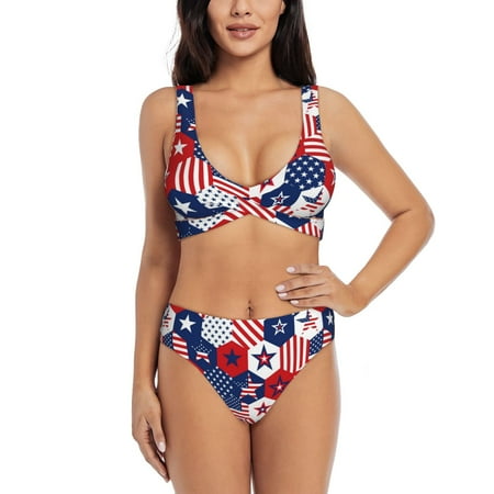 Zeuib American Stars2 High Waisted Tummy Control Bikini Set - Knot Front Push Up Top & Cheeky Thong Bottom  Two-Piece Swimsuit for Women-X-Large