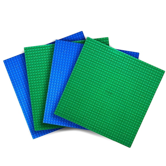 Creative QT - 4 Building Blocks Baseplates 10"x10" (Blue and Green) for All Major Brands of Toy Building Sets, Sturdy Stacking Blocks Table Base, Building Bricks Play Table Top for Creative Structures