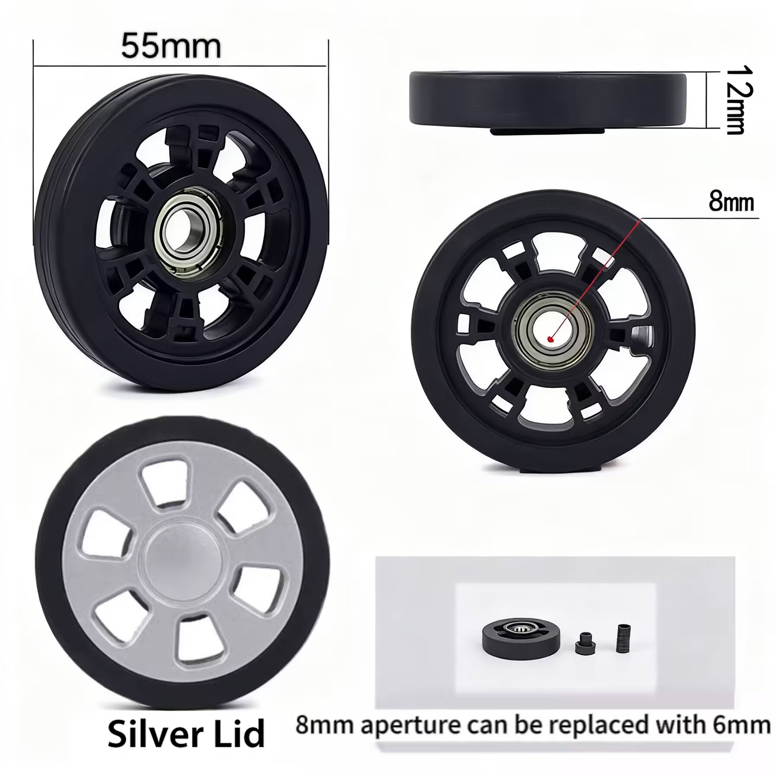 Luggage Wheels Replacement Kit 55mm x 12mm Black Rubber Wheel with Screws Axles Bearings Wear Resistant Mute Suitcase Wheels for Replacement Luggage Suitcase Caster Sliver 4pcs