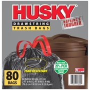 Husky Large Trash Bags, 30 Gallon, 80 Black Bags (Unscented, Tear-Resistant, Drawstring, 20% PCR) 2 Pack