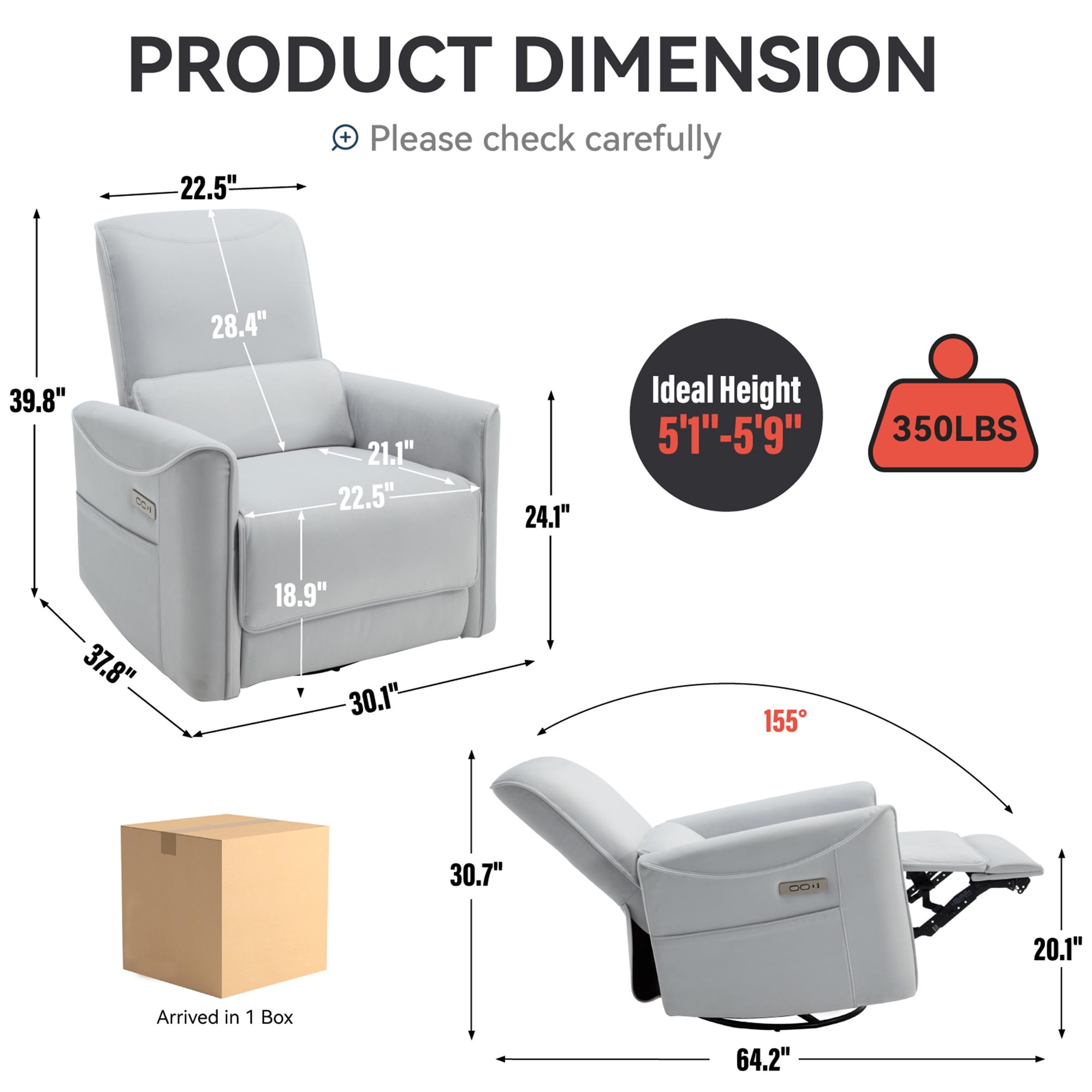 Aukfa Fabric Power Recliner Swivel Glider for Nursery with USB Charge Lumbar Support, Beige