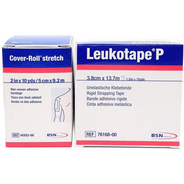 Paquete combinado de cinta adhesiva Leukotape P de 3,8 cm x 13,7 m y funda elástica de 5 cm x 9,1 m