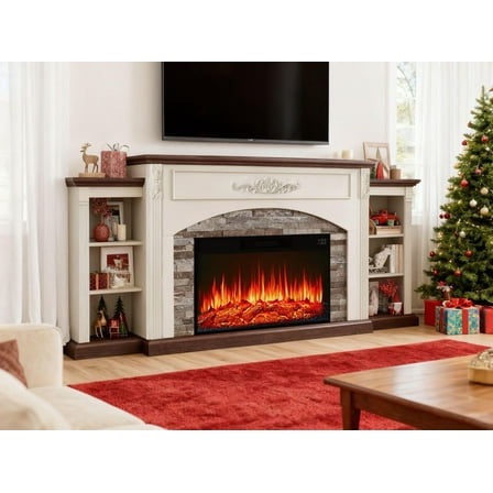 BOSHIRO 80" Electric Fireplace with Mantel and Cabinets, Fireplace TV Stand for Living Room Bedroom, Fits TVs up to 90”