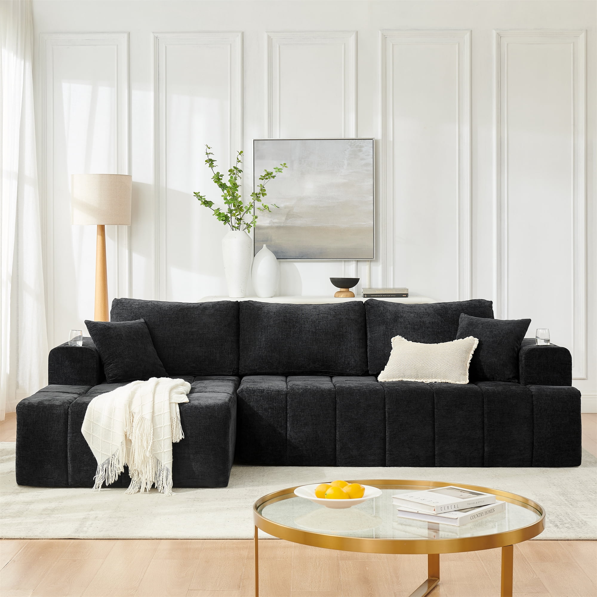 Aukfa 108" Cloud Sectional Sofa, Deep Seat Modular L-Shape Boneless Couch with 2 Cup Holders & Side Pockets, Left Chaise, Chenille, Black