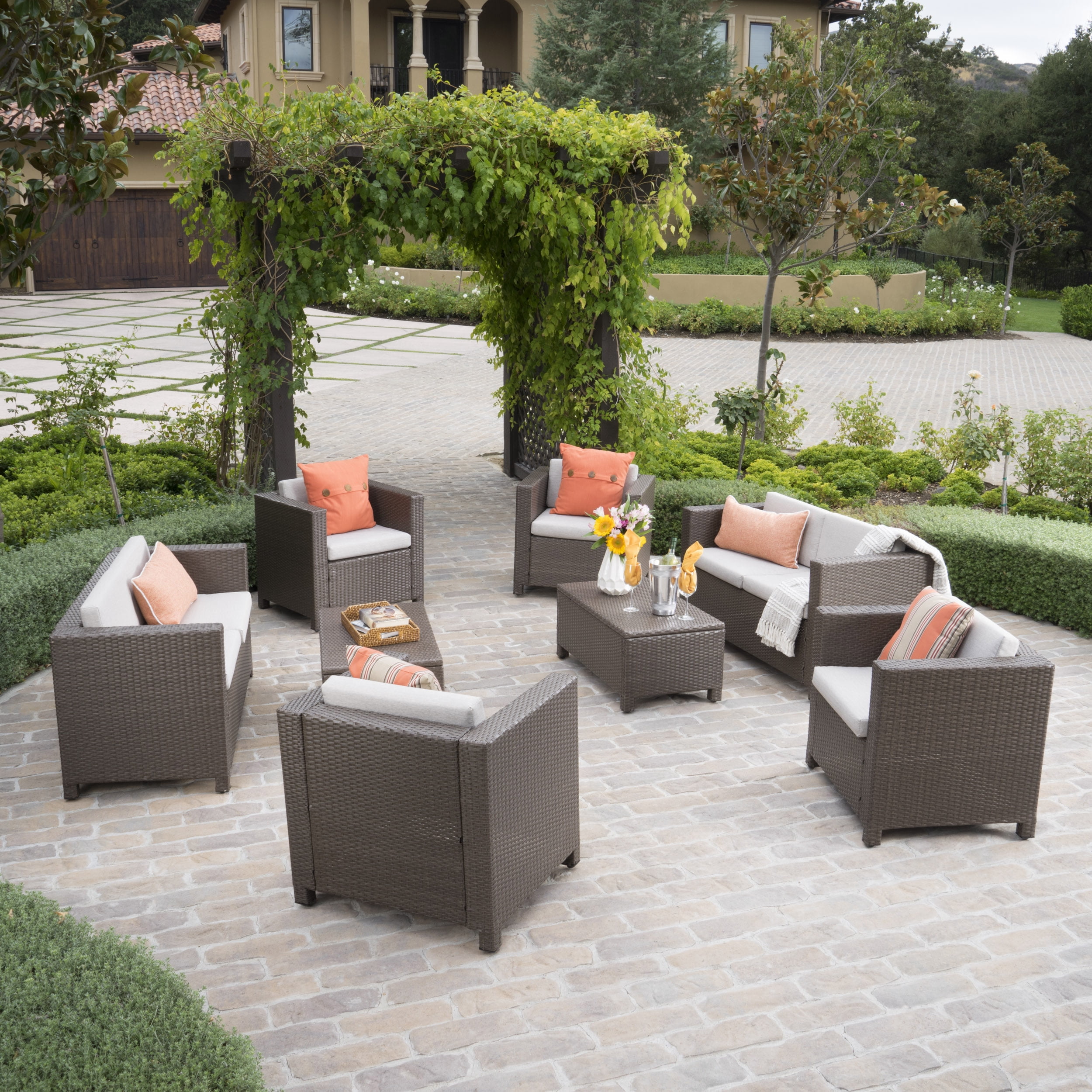 Cascada Outdoor 8 Piece Wicker Chat Set with Cushions, Brown, Ceramic Grey